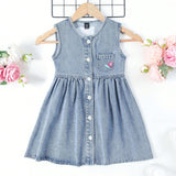 Young Girl's Single-Breasted Sleeveless Embroidered Denim Overall Dress