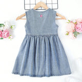 Young Girl's Single-Breasted Sleeveless Embroidered Denim Overall Dress