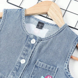 Young Girl's Single-Breasted Sleeveless Embroidered Denim Overall Dress