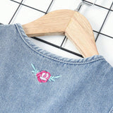 Young Girl's Single-Breasted Sleeveless Embroidered Denim Overall Dress