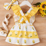 Vestido Con Bordado De Abeja Y Dobladillo Fruncido De Dibujos Animados Para Bebe Nina