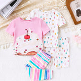 Cute Baby Girl Snug Fit Knitted Striped Short Sleeve Homewear Four-Piece Set
