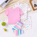 Cute Baby Girl Snug Fit Knitted Striped Short Sleeve Homewear Four-Piece Set