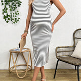 Vestido Midi Ajustado A Rayas Informales De Maternidad