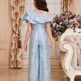 Tween Girls' Cute Vintage Palace Style Oblique-Shoulder Ruffle Edge Long Jumpsuit, Slim Fit