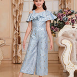 Tween Girls' Cute Vintage Palace Style Oblique-Shoulder Ruffle Edge Long Jumpsuit, Slim Fit
