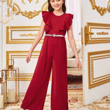 Tween Girls' Lovely Light Palace-Style Round Neck Ruffled Jumpsuit With Long Pants