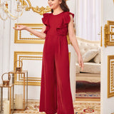 Tween Girls' Lovely Light Palace-Style Round Neck Ruffled Jumpsuit With Long Pants