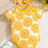 Conjunto De 2 Piezas Para Ninas Bebes Con Estampado Floral De Primavera/verano Amarillo, Body Y Cinta Para El Cabello Para El Aspecto Diario Casual Lindo Y Elegante