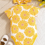 Conjunto De 2 Piezas Para Ninas Bebes Con Estampado Floral De Primavera/verano Amarillo, Body Y Cinta Para El Cabello Para El Aspecto Diario Casual Lindo Y Elegante