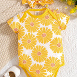 Conjunto De 2 Piezas Para Ninas Bebes Con Estampado Floral De Primavera/verano Amarillo, Body Y Cinta Para El Cabello Para El Aspecto Diario Casual Lindo Y Elegante