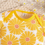 Conjunto De 2 Piezas Para Ninas Bebes Con Estampado Floral De Primavera/verano Amarillo, Body Y Cinta Para El Cabello Para El Aspecto Diario Casual Lindo Y Elegante