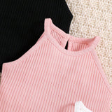Conjunto De 3 Piezas De Camisetas Sin Mangas De Punto Suave Y Casuales Para Bebe Nina En Colores Solidos