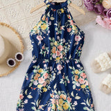 Tween Girl's Woven Floral Printed Sleeveless Elastic Waist Casual Romper For Summer Vacation