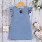Young Girl's Spring Summer Cute Love Pocket Boho Comfortable Soft Loose Denim Sleeveless Dress, Ruffle Skirt Decorated With Lovely Doll & Bowknot