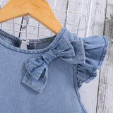 Young Girl's Spring Summer Cute Love Pocket Boho Comfortable Soft Loose Denim Sleeveless Dress, Ruffle Skirt Decorated With Lovely Doll & Bowknot