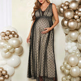 Elegante Y Romantico Vestido Maxi De Maternidad Para Fiesta De Revelacion De Genero Con Superposicion De Malla Y Tirantes Espagueti