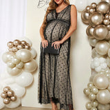 Elegante Y Romantico Vestido Maxi De Maternidad Para Fiesta De Revelacion De Genero Con Superposicion De Malla Y Tirantes Espagueti