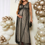 Elegante Y Romantico Vestido Maxi De Maternidad Para Fiesta De Revelacion De Genero Con Superposicion De Malla Y Tirantes Espagueti