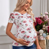 Camiseta Premama Ajustada Floral De Manga Corta Con Cuello Redondo Y Vacaciones Romanticas