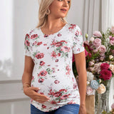 Camiseta Premama Ajustada Floral De Manga Corta Con Cuello Redondo Y Vacaciones Romanticas