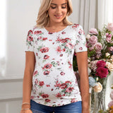 Camiseta Premama Ajustada Floral De Manga Corta Con Cuello Redondo Y Vacaciones Romanticas