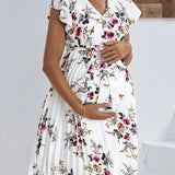 Vestido De Maternidad Con Dobladillo Plisado Y Volantes Con Estampado Floral