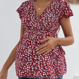 Blusa De Maternidad Elegante Con Diseno Floral Y Cuello En V Con Lazo En La Cintura, Adecuado Para Oficinista