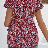 Blusa De Maternidad Elegante Con Diseno Floral Y Cuello En V Con Lazo En La Cintura, Adecuado Para Oficinista