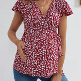 Blusa De Maternidad Elegante Con Diseno Floral Y Cuello En V Con Lazo En La Cintura, Adecuado Para Oficinista