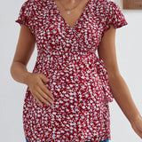 Blusa De Maternidad Elegante Con Diseno Floral Y Cuello En V Con Lazo En La Cintura, Adecuado Para Oficinista