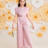 Tween Girls' Casual Lace Splice Jumpsuit With Belted Waist And Wide Leg