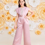 Tween Girls' Casual Lace Splice Jumpsuit With Belted Waist And Wide Leg
