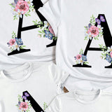 Camiseta De Manga Corta Casual Con Estampado De Flores Y Letras Minimalistas Para Ninas Preadolescentes, Ideal Para Atuendos De Verano