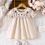 Vestido De Manga Abullonada Bordado Con Flor Para Bebe Nina Con Cintura Ajustada