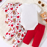 Conjunto De Pijama De 2 Piezas De Verano Para Bebe Nina De Casa Con Pantalon Y Enterizo Con Diseno De Triangulo, Corazon Y Osito