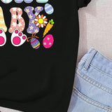 Camiseta Con Mangas Cortas Impresa Con La Carta De Pascua Y Orejas De Conejo Para Las Chicas Adolescentes.