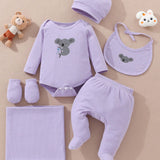 Conjunto De Regalo De 6 Piezas Para Bebe Nina Con Estampado De Koala, Que Incluye Mameluco, Pantalones, Envoltorio, Sombrero, Guantes Y Babero