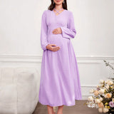 Vestido De Maternidad Morado Largo Delantero Cruzado Con Mangas De Linterna Para Mujeres Embarazadas