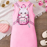 Vestido De Manga Corta Con Estampado De Mochila De Gato Lindo Para Ninas Jovenes