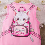 Vestido De Manga Corta Con Estampado De Mochila De Gato Lindo Para Ninas Jovenes