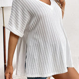 Camiseta De Maternidad Casual De Verano De Ajuste Suelto Con Cuello En V, Mangas Cortas, Dobladillo Dividido