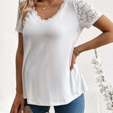 Blusa De Maternidad De Cuello En V Y Manga Corta Con Parche De Encaje, Adecuada Para Un Verano Informal Y Casual