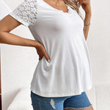 Blusa De Maternidad De Cuello En V Y Manga Corta Con Parche De Encaje, Adecuada Para Un Verano Informal Y Casual