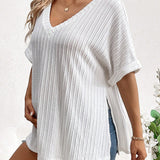 Camiseta De Maternidad Casual De Verano De Ajuste Suelto Con Cuello En V, Mangas Cortas, Dobladillo Dividido