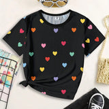 Corazones, Amor, Camiseta De Manga Corta Informal Con Patron De Corazon Simple Adecuada Para Adolescentes En Verano