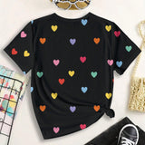 Corazones, Amor, Camiseta De Manga Corta Informal Con Patron De Corazon Simple Adecuada Para Adolescentes En Verano