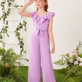 Tween Girls' Elegant V-Neck Jumpsuit With Detachable Belt & Ruffle Trim Decoration