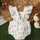 Infant Baby Girls' Sweet Floral Print Ruffled Strap Romper, Cute & Casual & Fashionable, Perfect For Holiday, Spring And Summer