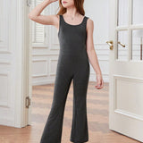 Tween Girls' Knitted Solid Color Playsuit Jumpsuit With Halterneck And Flared Pants